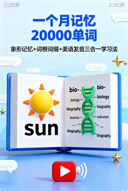 一个月记忆20000单词+象形记忆+词根词缀+美语发音英语学习视频