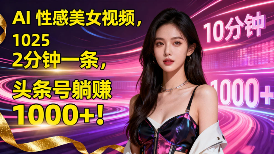 AI 性感美女视频,10 分钟一条,2025 头条号躺赚 1000+! AI 性感美女视频,10 分钟一条,2025 头条号躺赚 1000+!