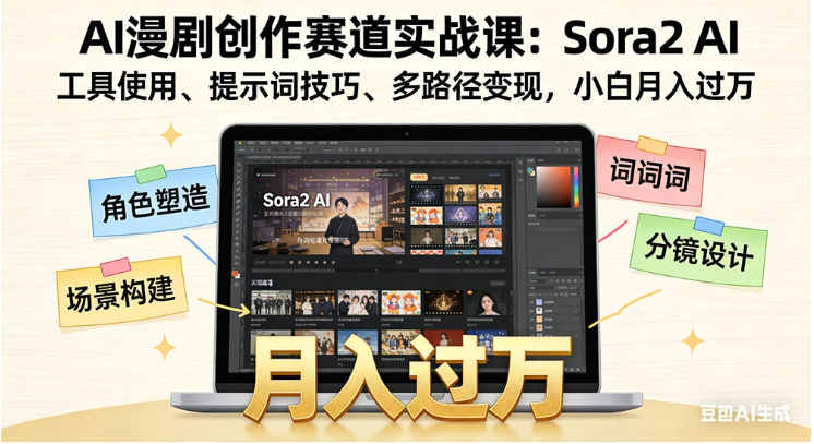 AI 漫剧创作赛道实战课：Sora2 AI 工具使用、提示词技巧、多路径变现，小白月入过万