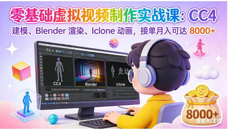 零基础虚拟视频制作实战课：CC4 建模、Blender 渲染、Iclone 动画，接单月入可达 8000+